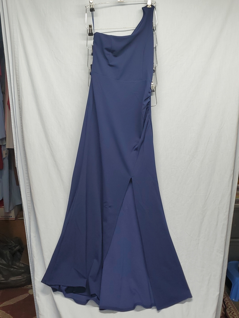 One-Shoulder Navy Blue Maxi Dress with Side Slit